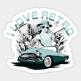 i love retro themed car and girl design Sticker